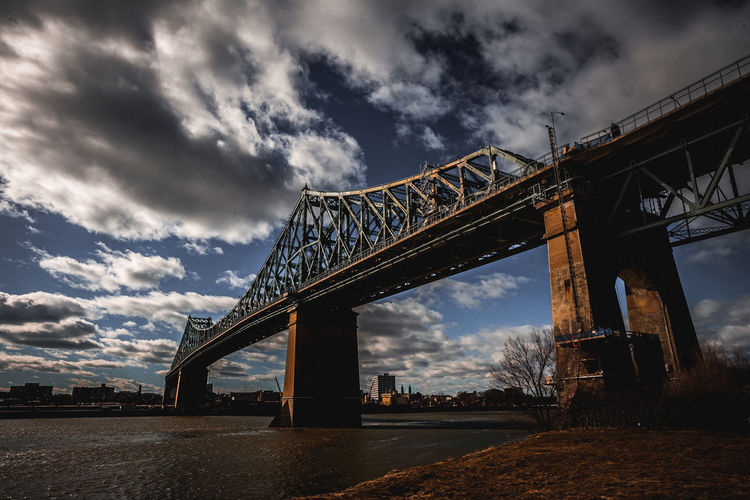 Low angle view of bridge over river against cloudy sky