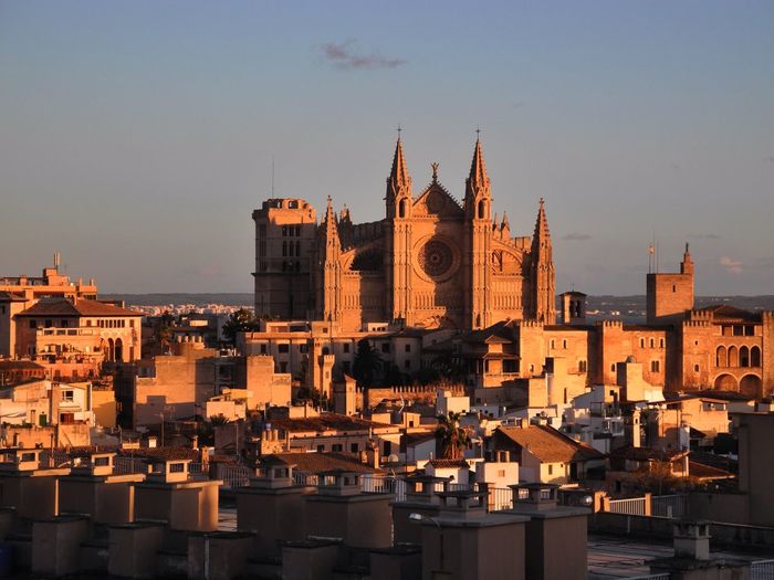 High angle view of townscape and palma cathedral