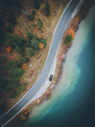 High angle view of road in forest