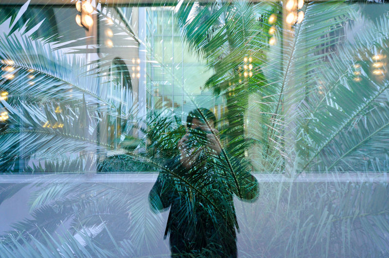 Multiple exposure of man photographing amidst palm trees