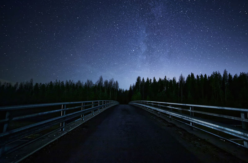 Footbridge and trees against star field at night