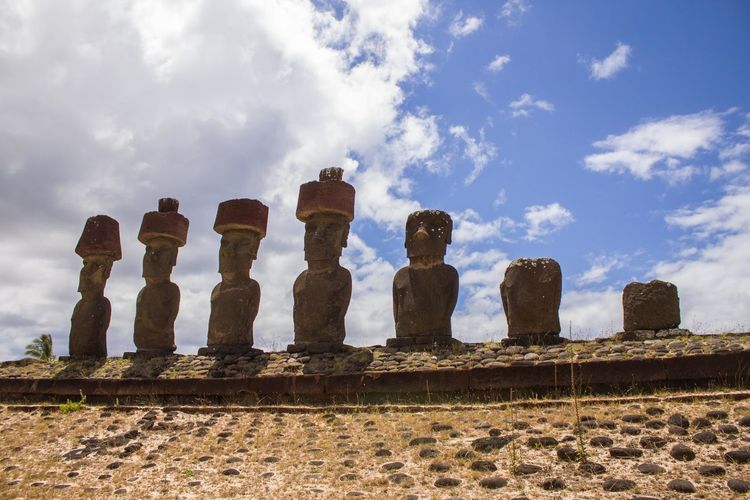Moai statues at rapa nui against sky
