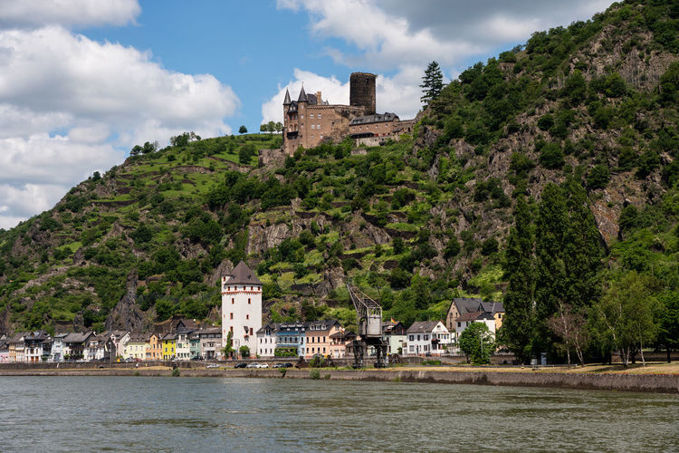 Panoramic view of loreley rocks and katz castle on the rhine in germany.