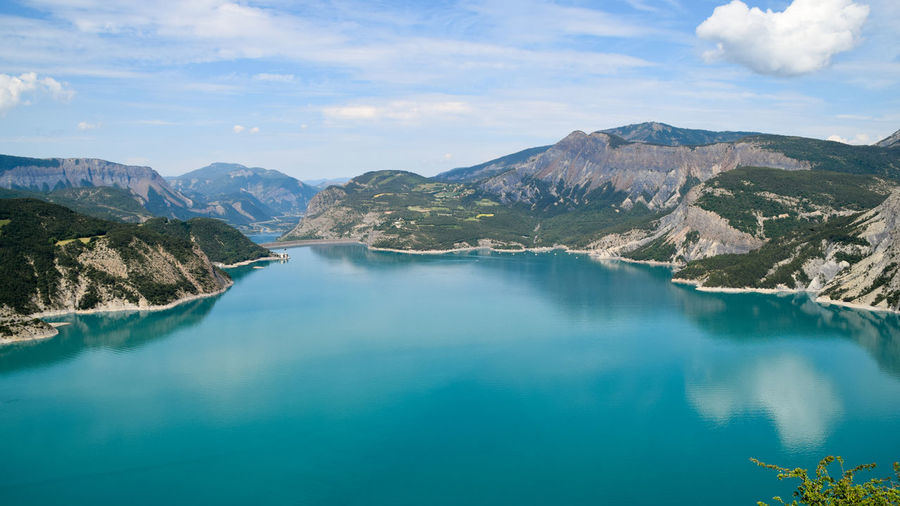 Scenic view of lake by mountains against sky