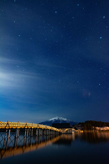 Scenic view of pier on lake against sky at night