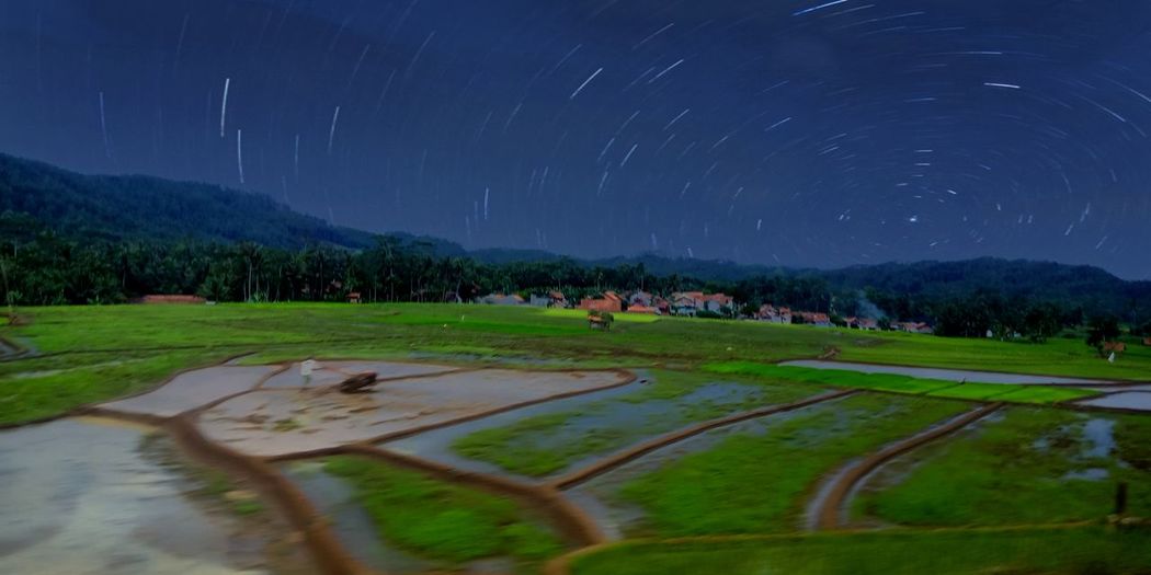 Panoramic view of field against sky at night