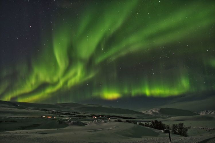 Strong aurora borealis in iceland near akureyri