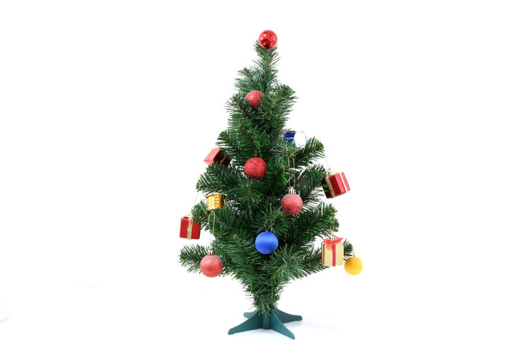 Close-up of christmas tree against white background