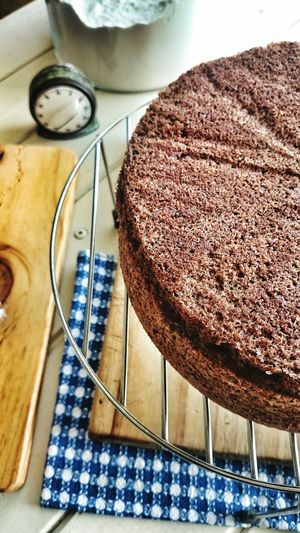 Close-up of homemade chocolate genoise cake on stand