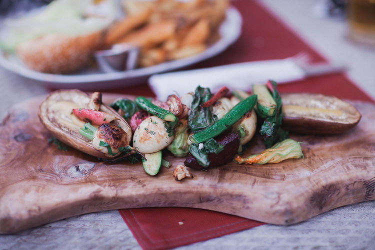 Close-up of food on wooden board