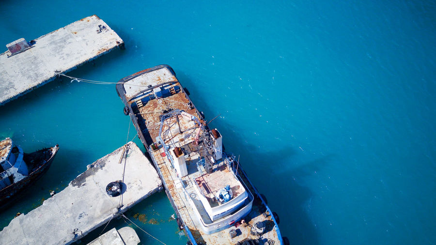 High angle view of boats moored in sea