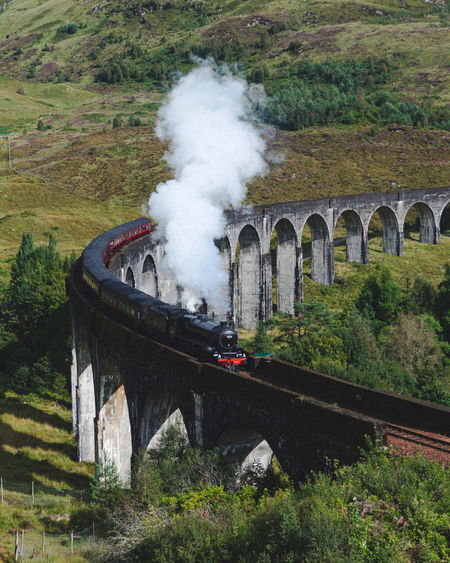 High angle view of train on railway bridge