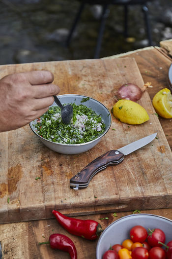 Chimichurri sauce made from scratch at campsite picnic