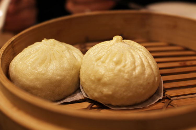 Close-up of dumplings in bamboo steamer