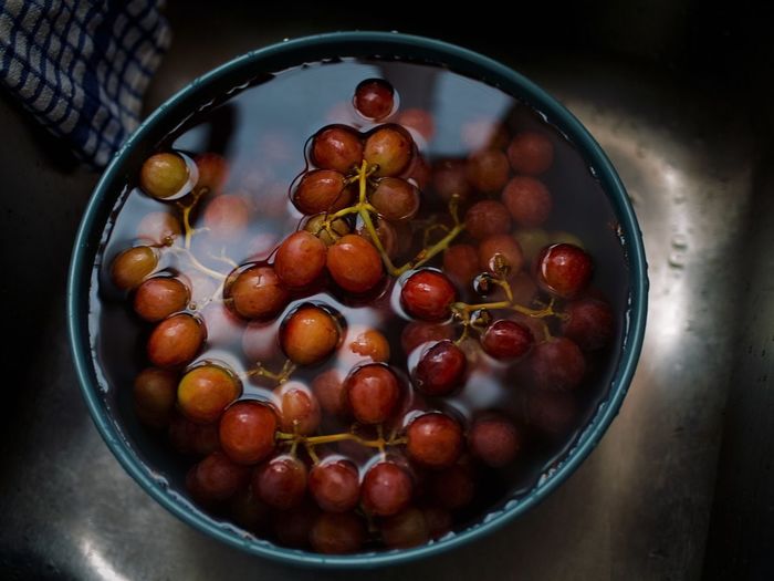 High angle view of fruits in bowl on table