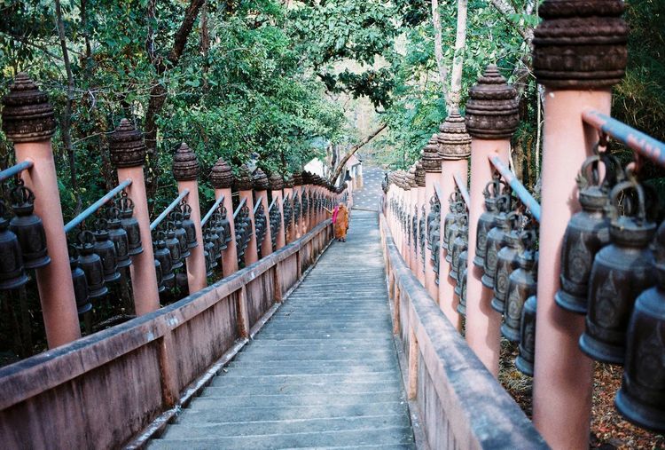 Rear view of woman walking on footbridge