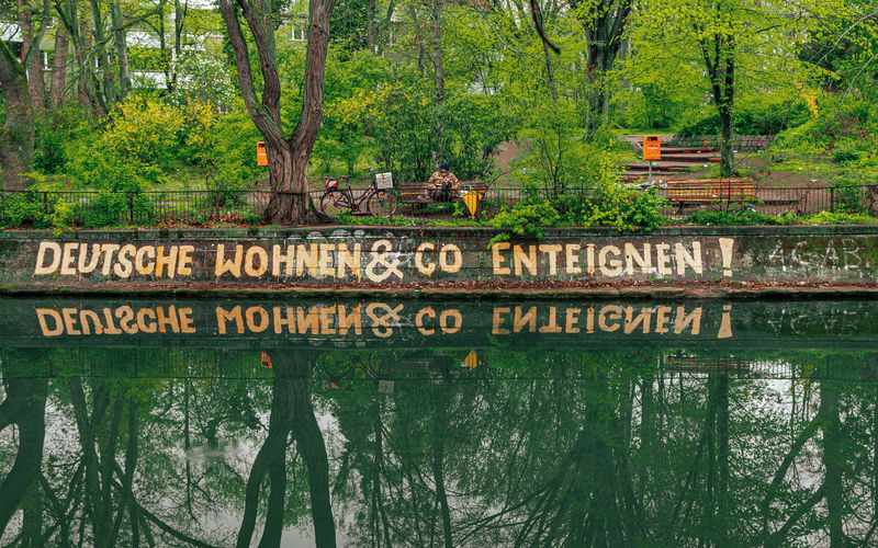 Information sign by river in forest