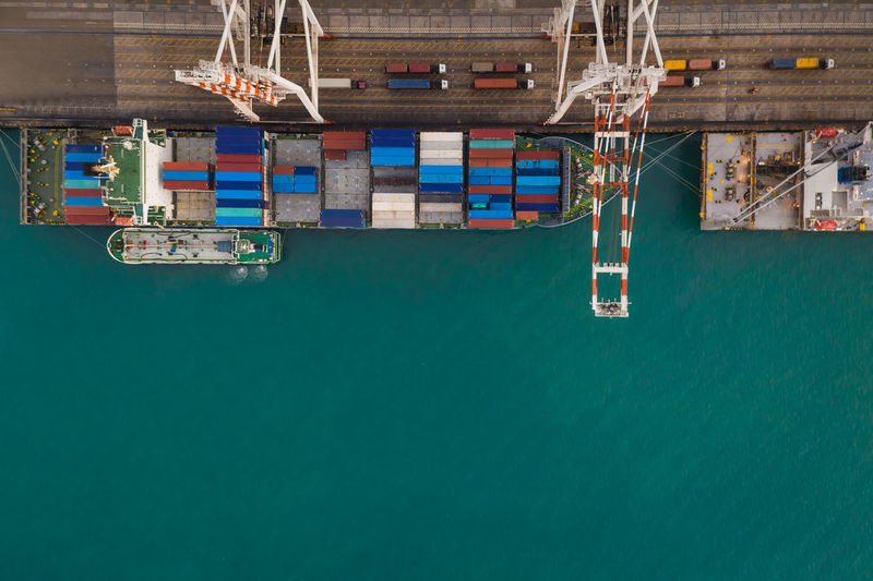 High angle view of container ship at harbor