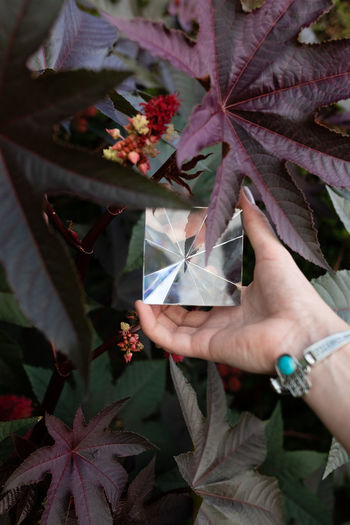 Cropped hand of woman holding pyramid crystal outdoors