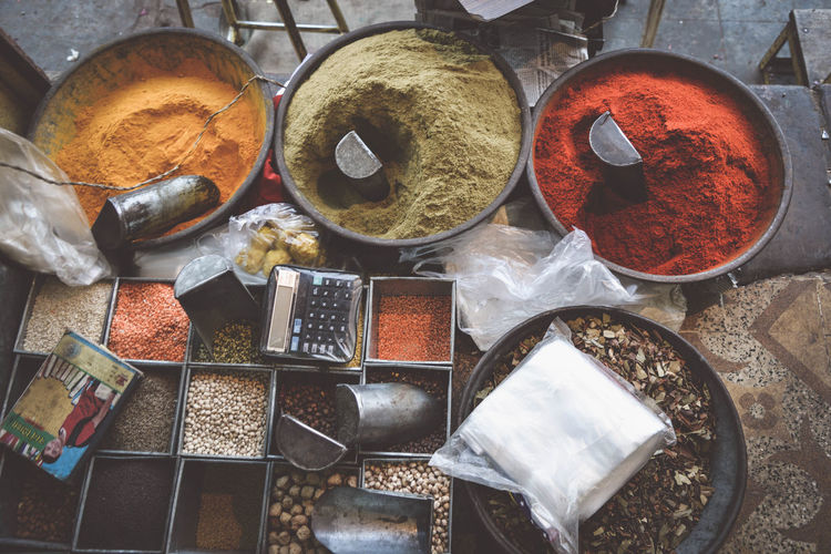 High angle view of various spices at market stall
