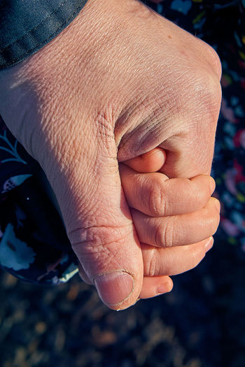 An adult hand holding childs hand