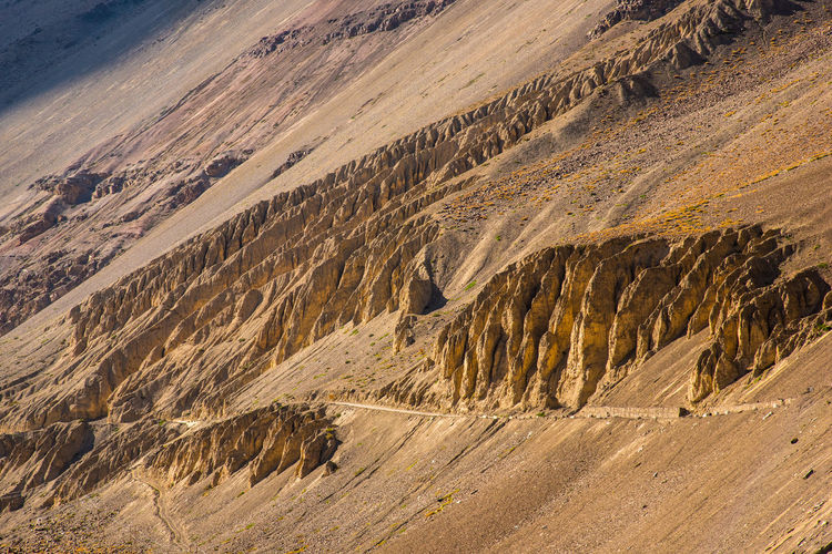Aerial view of road to kaza through rocky mountains