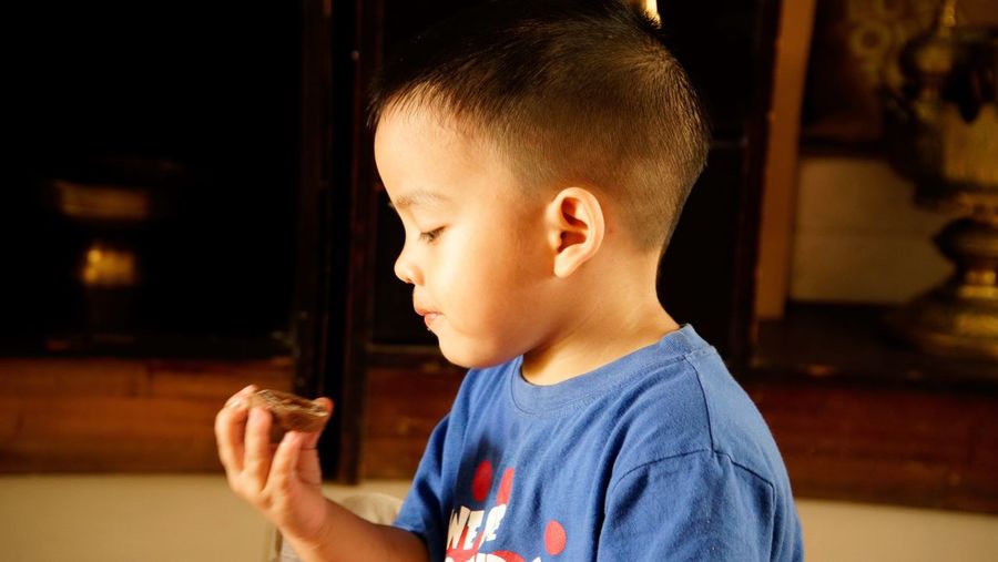 Close-up of baby boy eating cookie while sitting at home