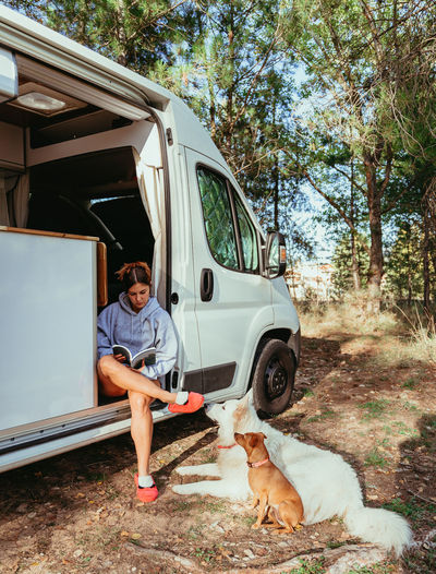 Full body of lady sitting in camper van and reading against dogs on sunny day in green cuenca nature