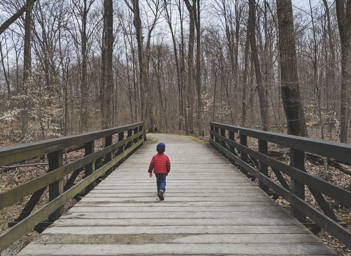 Rear view of boy walking on footbridge in forest during winter