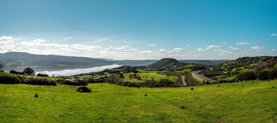 High resolution shot of middle sardinia wide panorama, with green fields and the river tirso