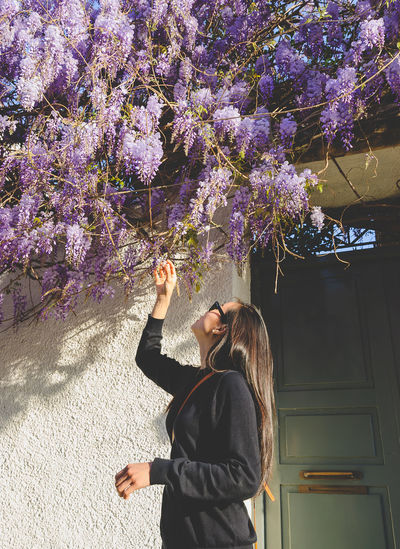 Woman touching wisteria flowers on tree against wall