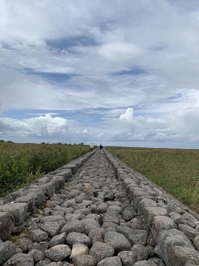 Surface level of road amidst field against sky