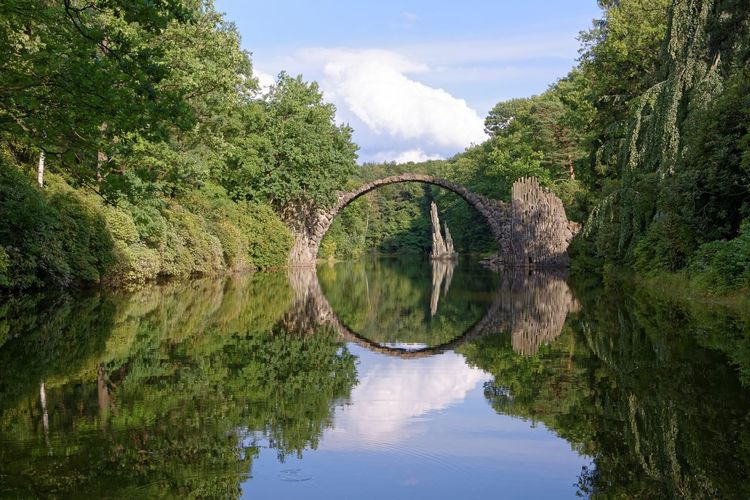 Scenic view of lake amidst trees against sky high stone arch bridge