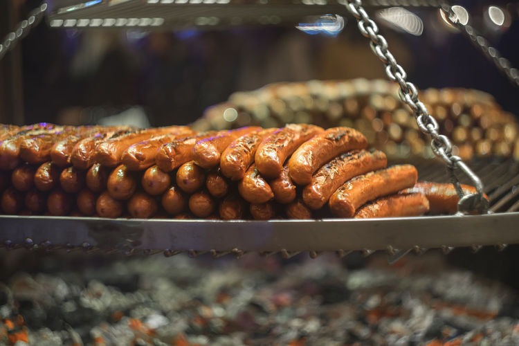 Close-up of sausages for sale