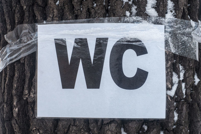 Close-up of sign on tree trunk during winter