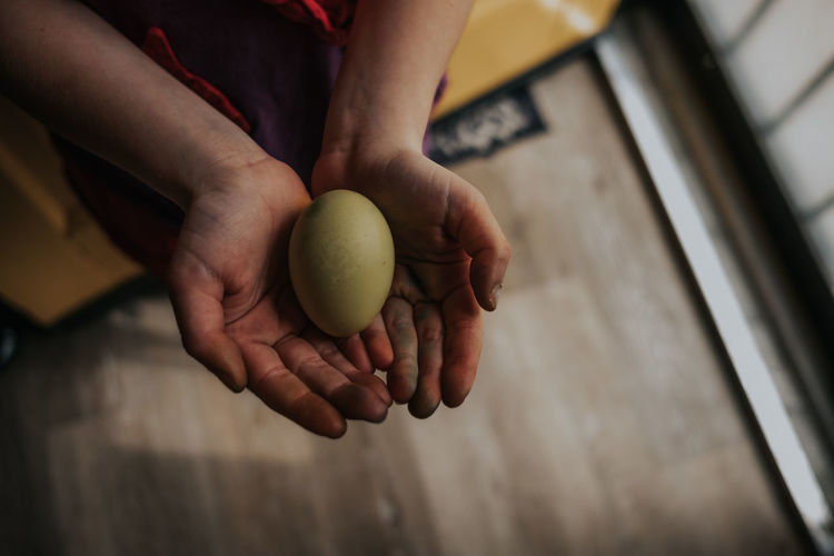 Overhead of young girl holding a dyed chicken egg