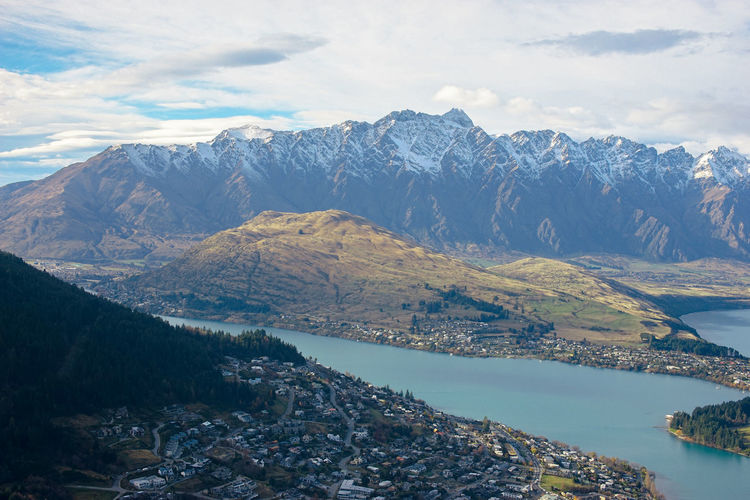 The amazing top view of queenstown new zealand and queenstown bay with lake wakatipu