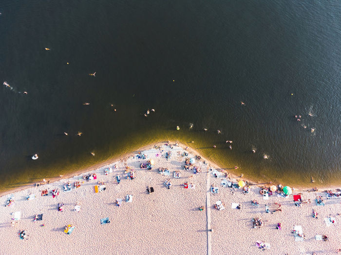 Aerial view on coastline. summer seascape in sunny day. top view of people on the beach from drone