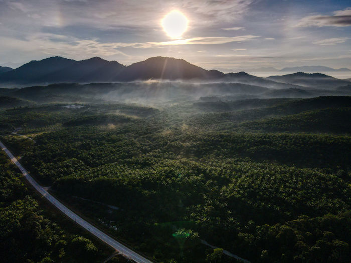 Scenic view of landscape against bright sun