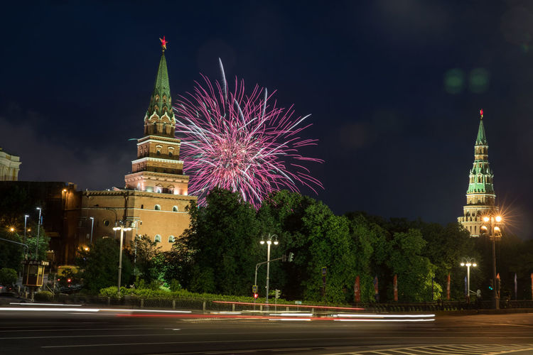 Firework display over historic buildings at red square