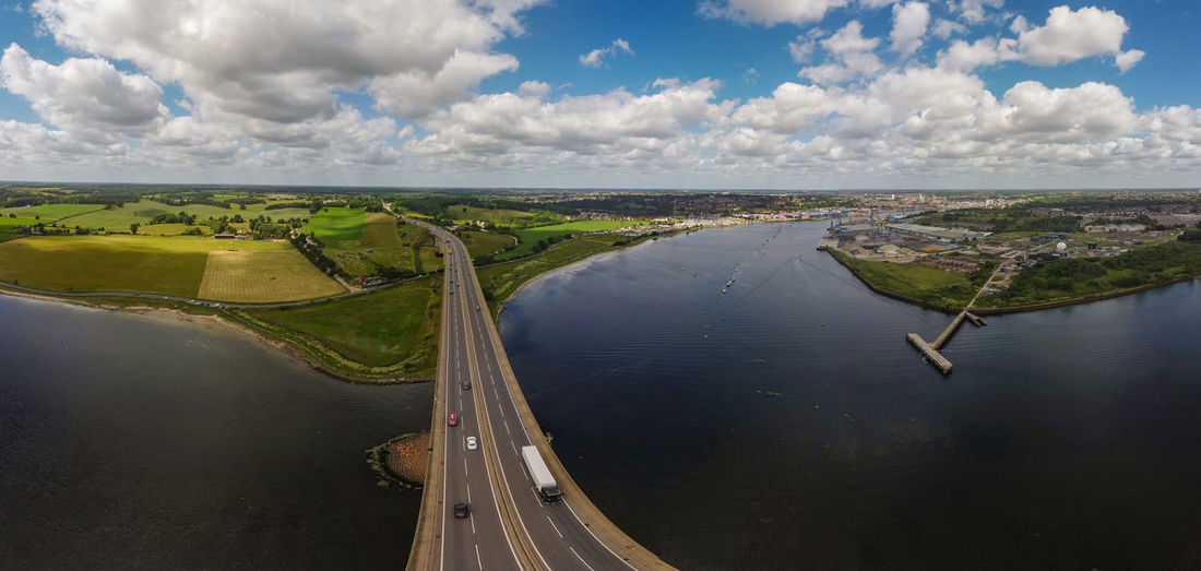 A panoramic aerial view of the orwell bridge spanning the river orwell near ipswich, suffolk, uk