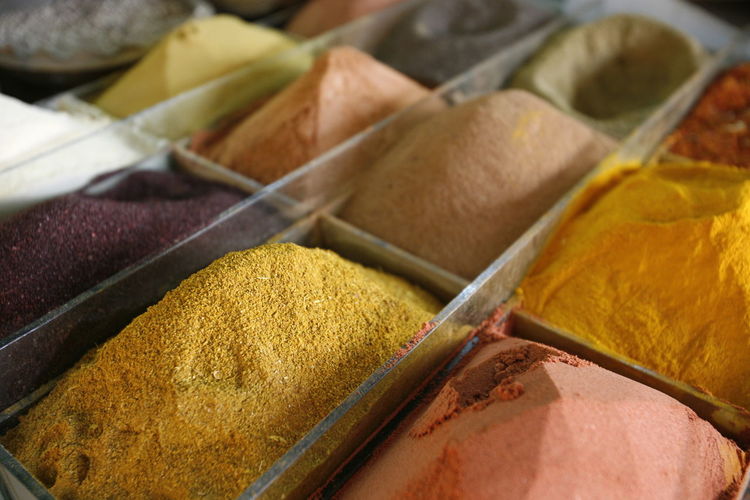 High angle view of spices on display at market stall