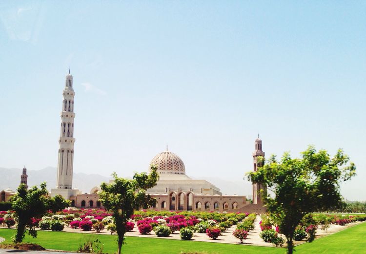 Sultan qaboos grand mosque with lawn in foreground