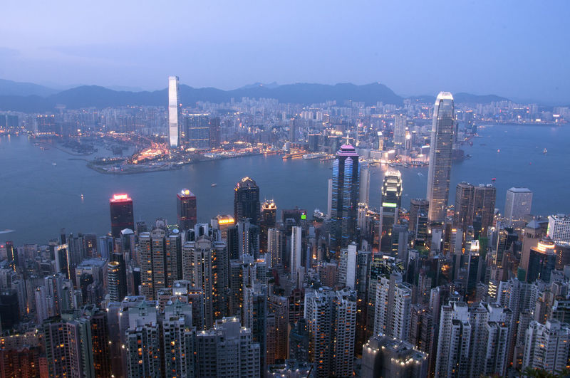 Aerial view of hong kong skyline at dusk