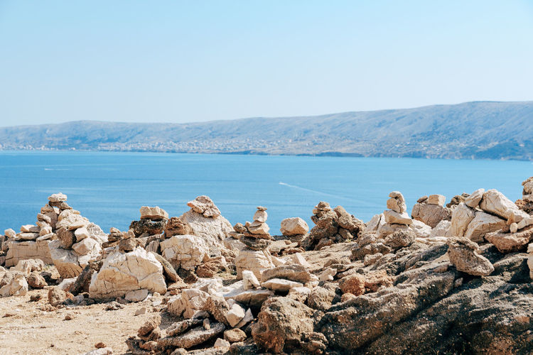 Beautiful rock formations on coast with amazing sea view on pag island in croatia.