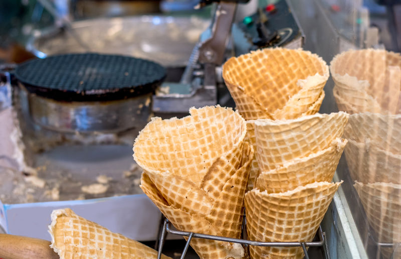 Freshly made waffle cones at an old fashioned ice cream parlor