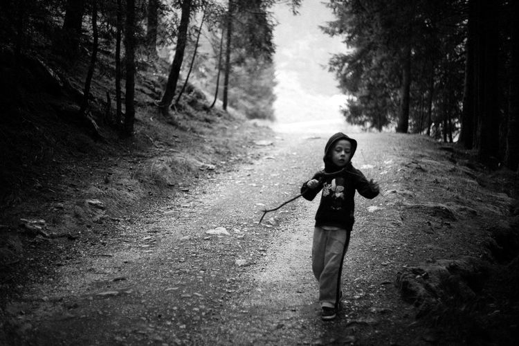 Rear view of boy running in forest