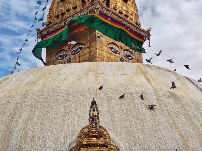 Low angle view of swayambhunath stupa against sky