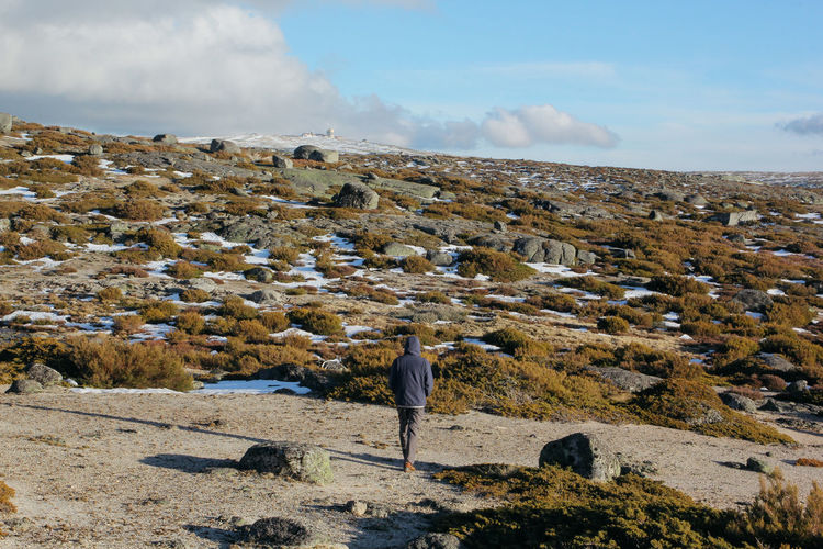 Rear view of man walking on landscape during winter