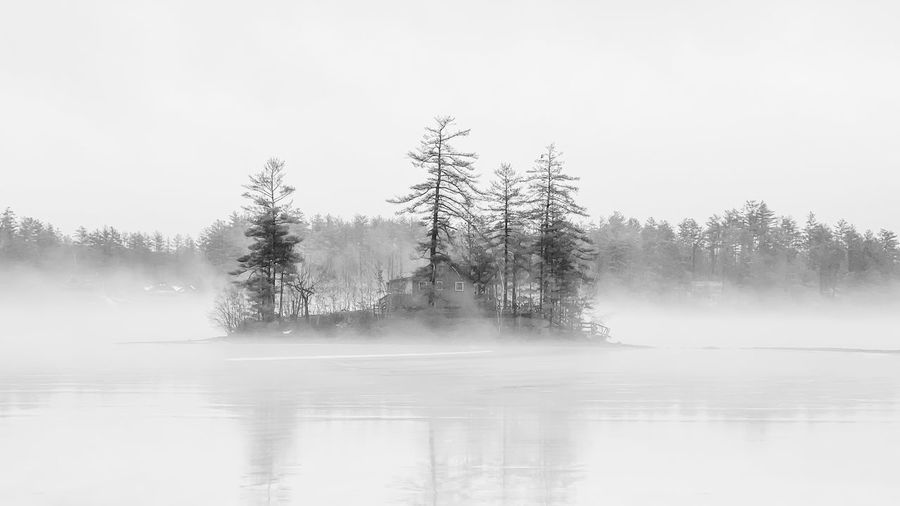Small island of trees and home against lake in winter 